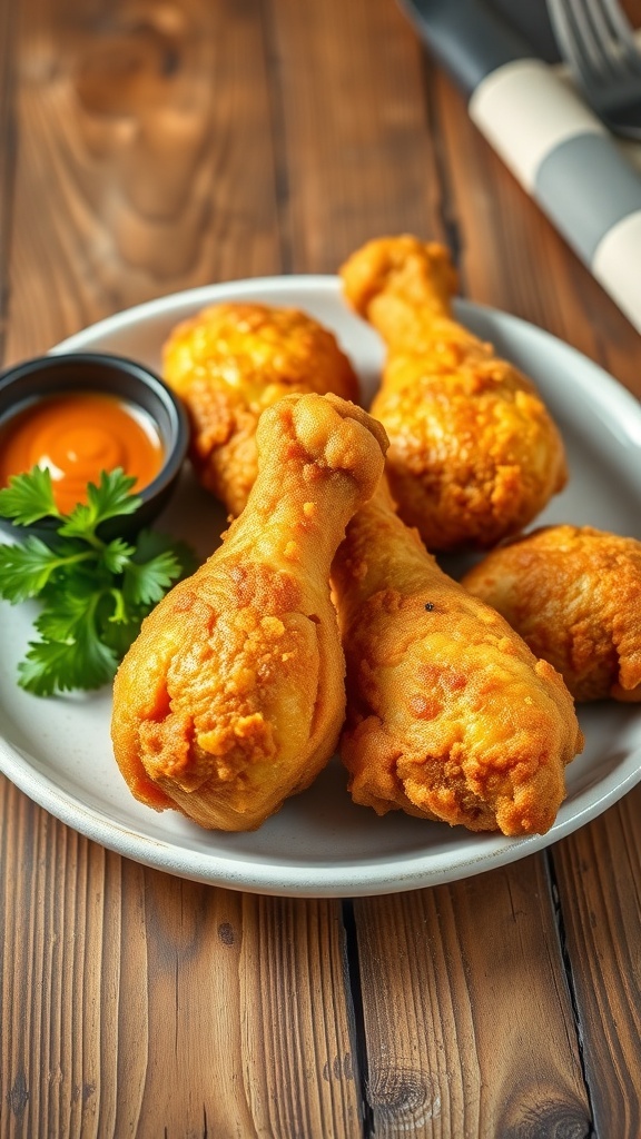 Crispy fried chicken drumsticks on a plate with parsley and dipping sauce.
